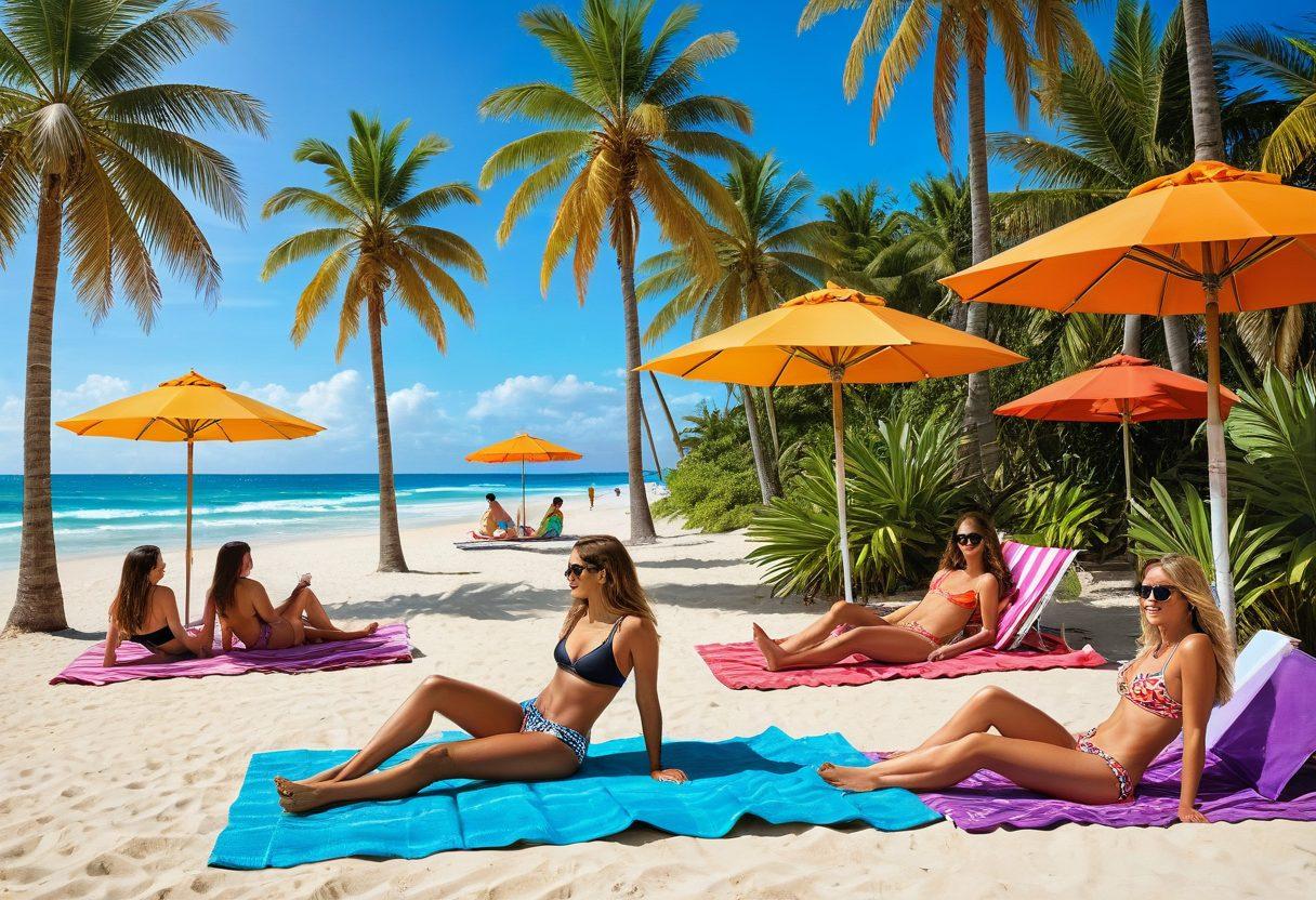 A vibrant summer beach scene featuring young adults wearing stylish beachwear, lounging on colorful beach towels, and playing beach volleyball under a bright sun. Include elements like palm trees, surfboards, and tropical drinks to evoke a fun and energetic atmosphere. Capture the essence of summer with a lively and cheerful color palette. super-realistic. vibrant colors. white background.